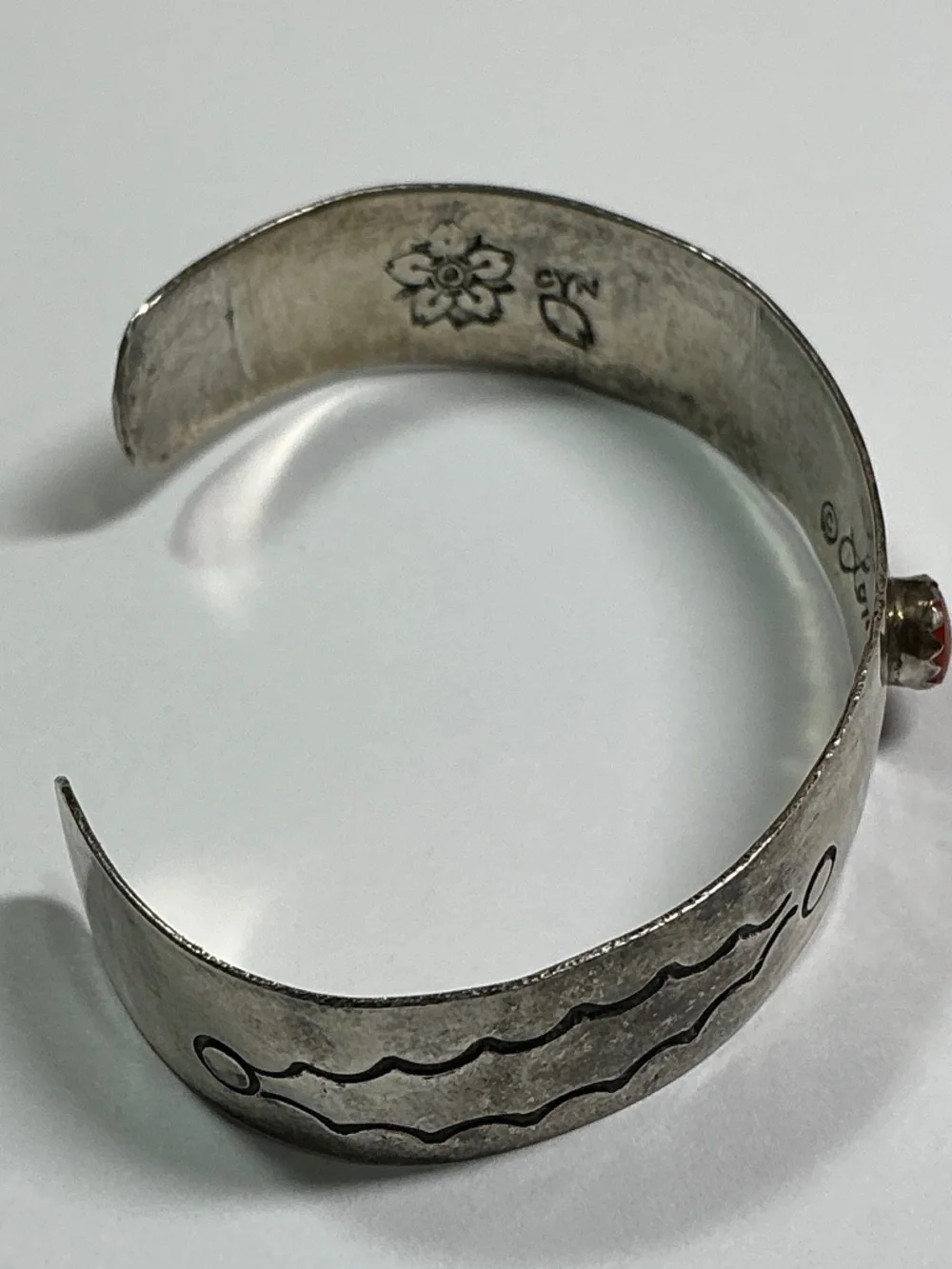 Loma Siiva Child’s Vintage Sterling Silver Open Cuff Bracelet W/ Red stone. 1.75